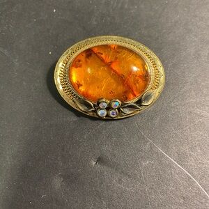 Gold Tone Handcrafted Amber Brooch Pin or Pendant E.  KOLLER. Austria.